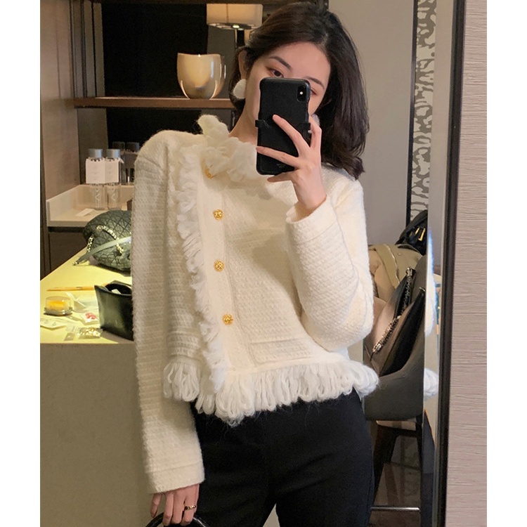 Xiaoxiangfeng Áo Khoác cardigan Dệt Kim Nhỏ Thiết Kế Không Đều Phối Tua Rua Sờn Màu Trắng Thời Trang 2022 Mới Dành Cho Bạn Nữ