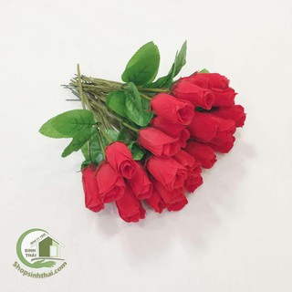 Cành hoa hồng giả - hoa vải lụa màu đỏ