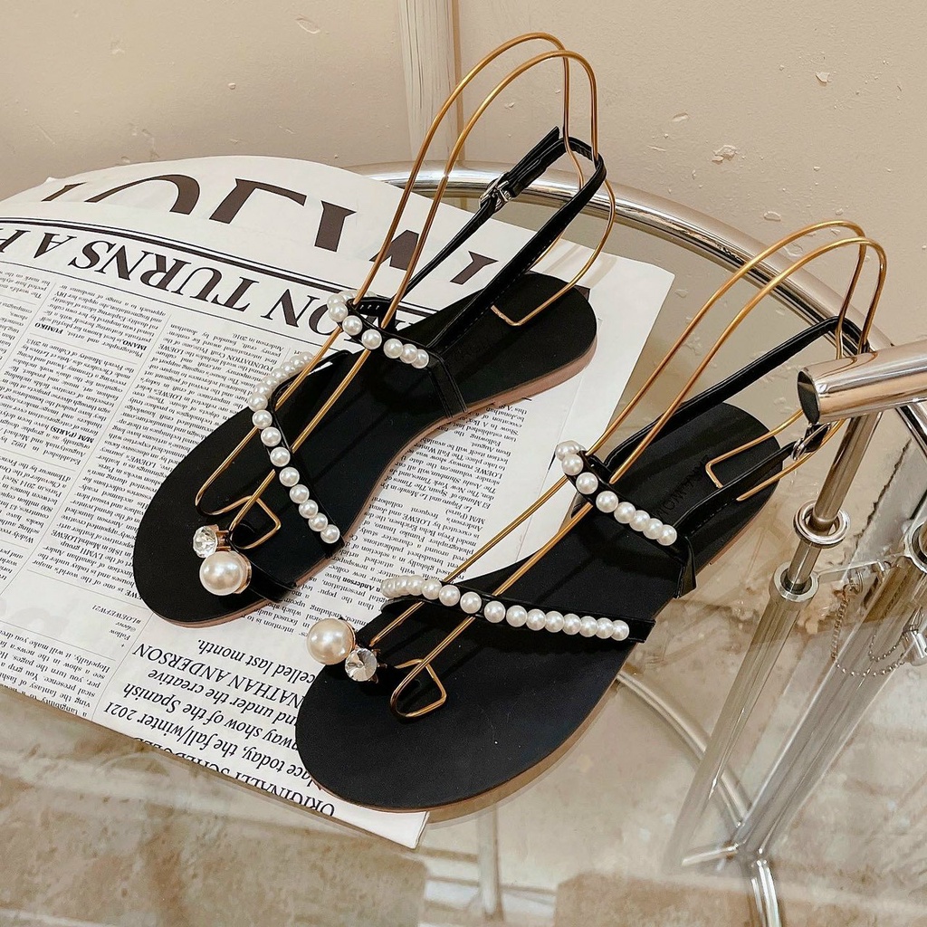 Giày Sandal Nữ Đế Bằng Cài Quai Hậu-Sandal Đi Học Kiểu Sỏ Ngón Đính Ngọc Mẫu Mới Bền Đẹp Đi Biển Đi Chơi  Mã SDNGOC