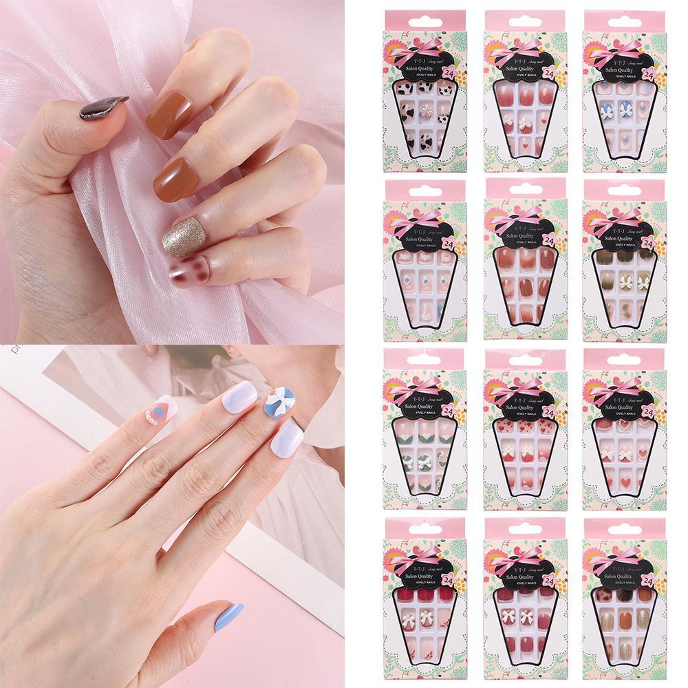 Hộp 24 Móng Tay Giả Thắt Nơ Ngắn Phong Cách Pháp|Nhân Vật Hoạt Hình Độc Đáo Che Phủ Toàn Diện