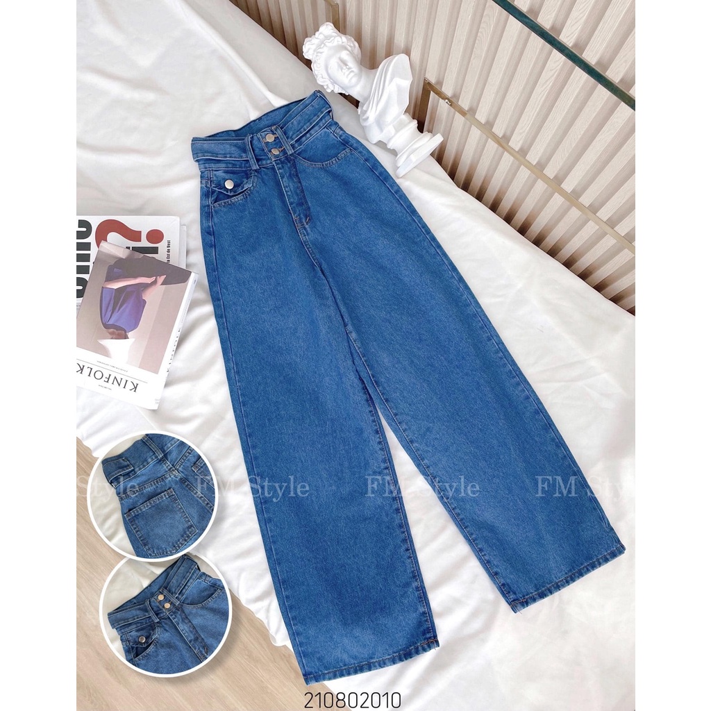 Quần jeans nữ Fm Style ống rộng lưng cao dáng suông 2 nút chất xịn mang đứng form 210802010