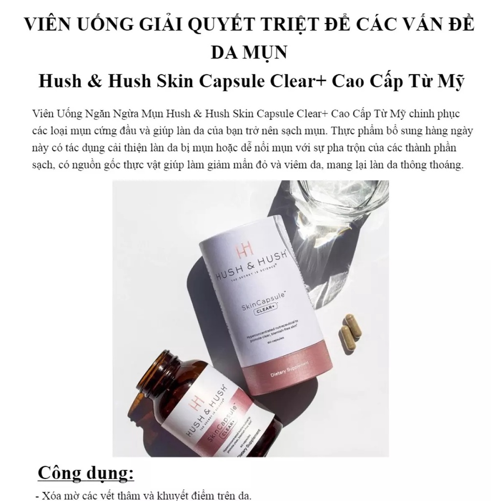 [HÀNG CÔNG TY] Viên Uống Giảm Ngăn Ngừa Mụn Image Skincare Hush &amp; Hush SkinCapsule Clear+ 60viên