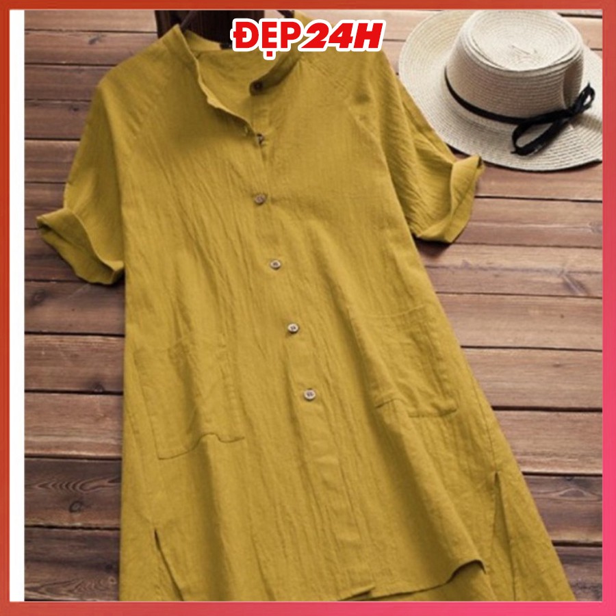 Sơ mi váy sang chảnh, form dài rộng giấu quần, chất liệu Đũi siêu xinh, áo kiểu váy chùm mông Đẹp 24 giờ - AKH.35 | BigBuy360 - bigbuy360.vn