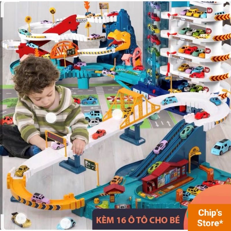 Đồ chơi đường đua khủng long siêu tốc kết hợp gara ô tô tự động., đường cao tốc cho bé