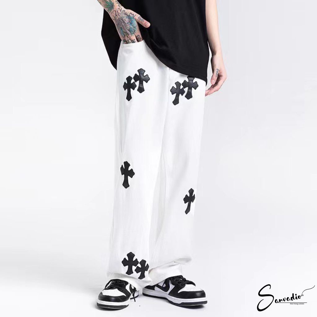 Quần jean nam ống rộng dáng suông SANVADIO quần nam ống rộng kaki chữ thập thêu da cao cấp thời trang hottrend QD26