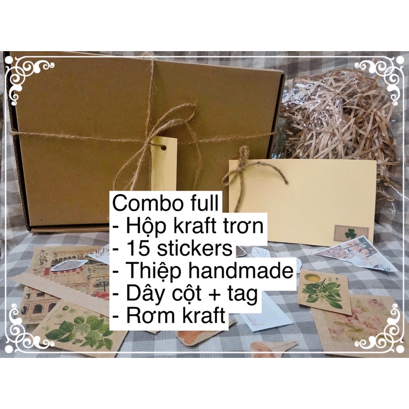 [Góc DIY] Combo tự làm hộp quà Kraft kèm sticker, thiệp, rơm, dây cột