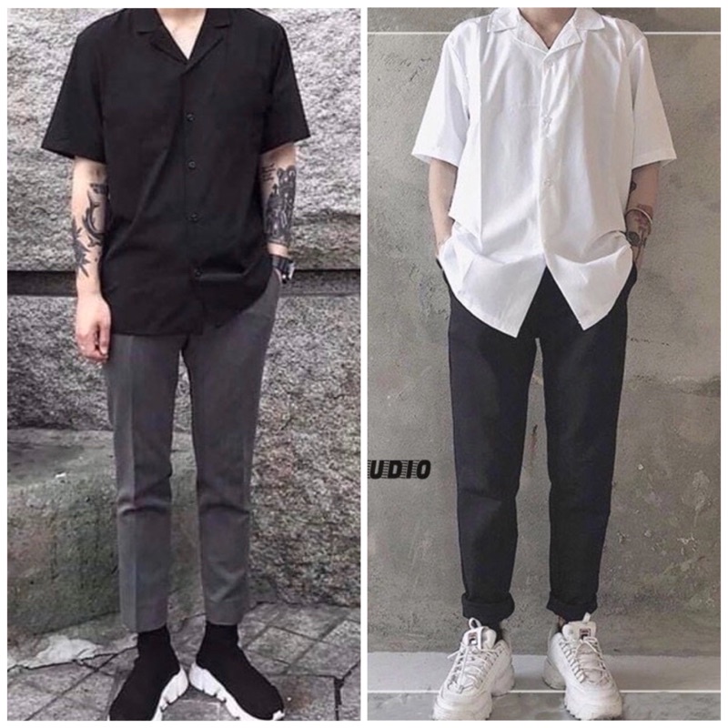 Áo sơ mi tay ngắn cổ vest Trắng & Đen unisex nam/nữ [HÌNH THẬT]