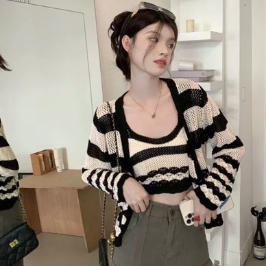 Set áo Quảng Châu áo croptop trong kèm khoác ngoài tay dài nữ 2022