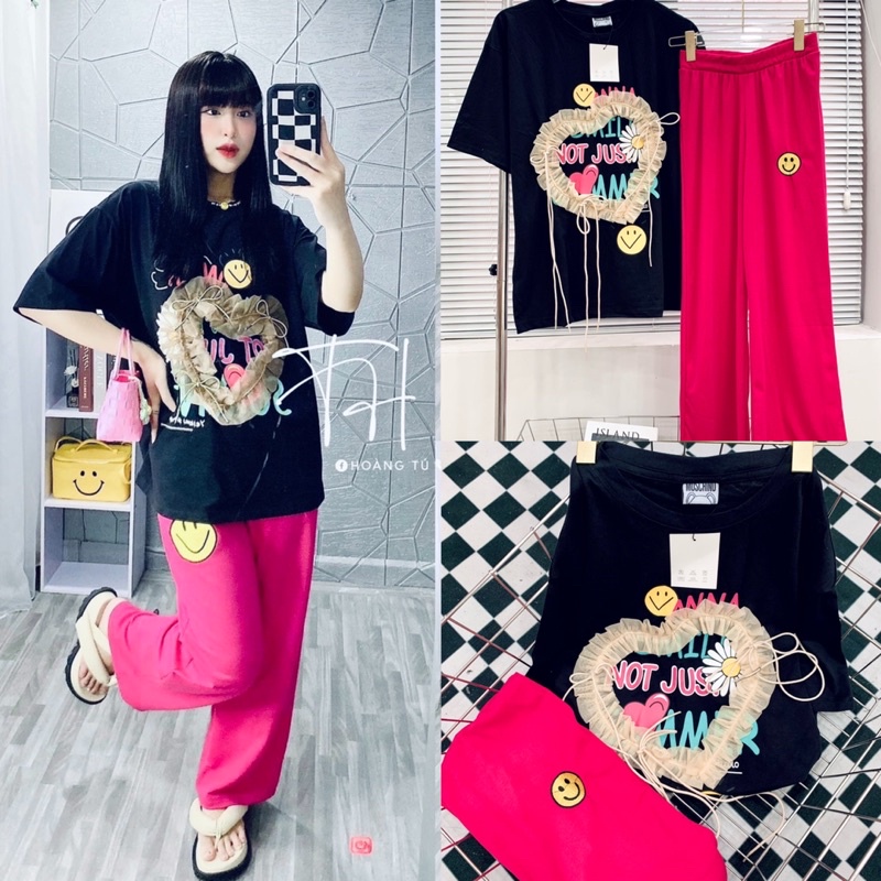 Set áo thun cotton phối ren nơ quần suông hình thật