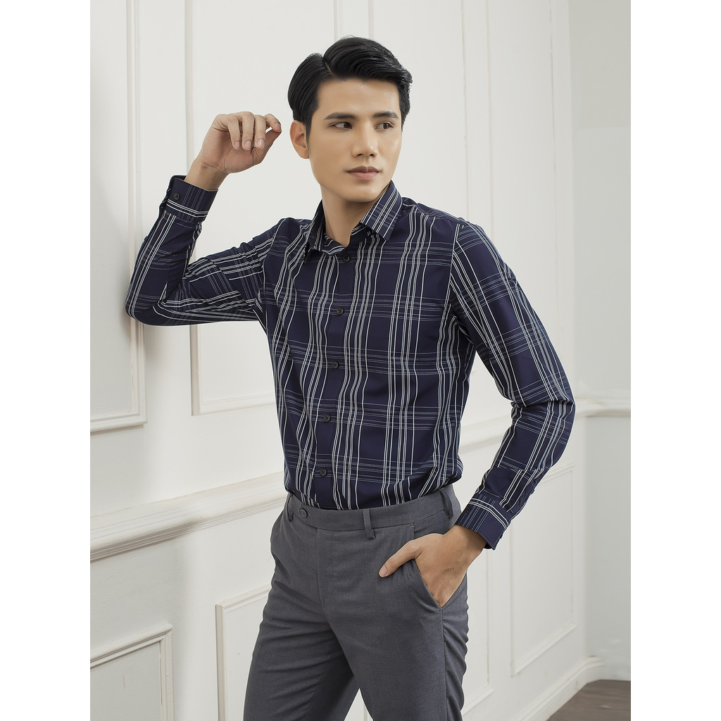 Áo Sơ Mi Nam Tay Dài Aristino ALS20509 Màu Tím Than Caro Trắng Kiểu Dáng Slim Fit Chất Liệu Sợi Sồi
