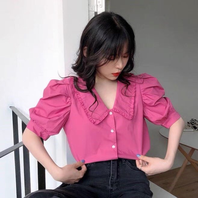 Áo Sơ Mi Trắng Nữ Đẹp Áo Kiểu Form Rộng Tay Ngắn Phồng Cổ Đức BèoThiết Kế PINK BOUTIQUE