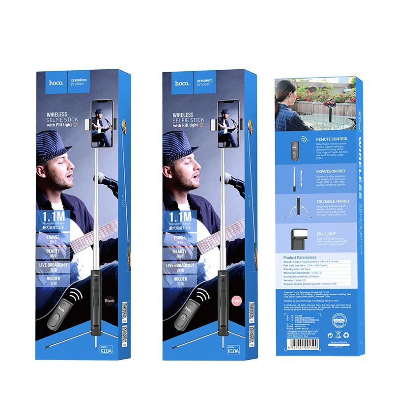 Gậy Chụp Ảnh Tự Sướng Selfie Hoco K10A Bluetooth & Remote Dài 1.1M - Hàng Chính Hãng