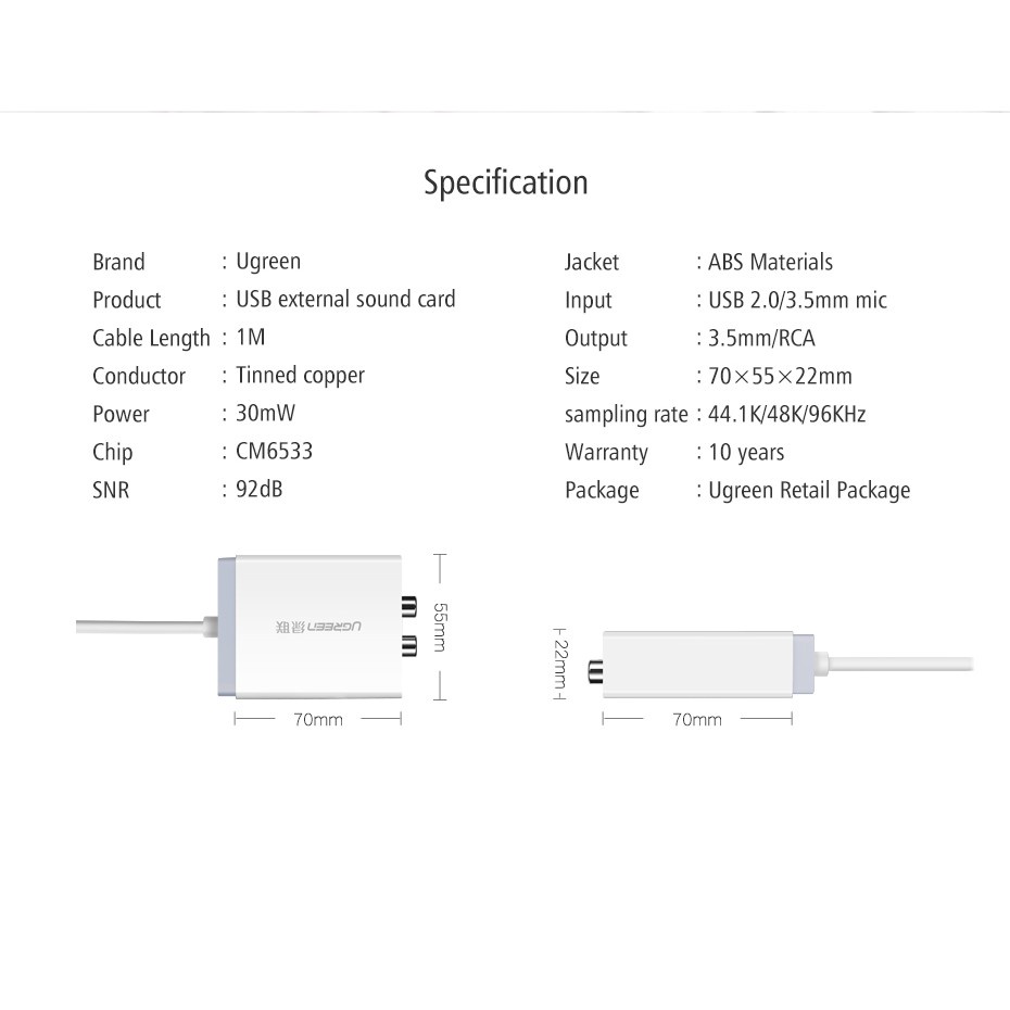 Bộ chuyển âm thanh USB ra 2 đầu 3.5mm (tai nghe+Mic) và 2 đầu hoa sen (RCA) dài 1M UGREEN 30521 - Chính Hãng