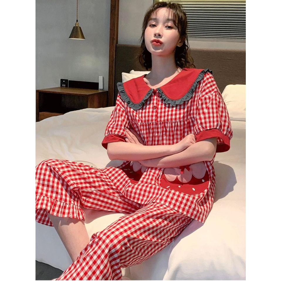 Đồ bộ Nữ mặc nhà cao cấp thun mềm dâu tây babydoll kẻ kute
