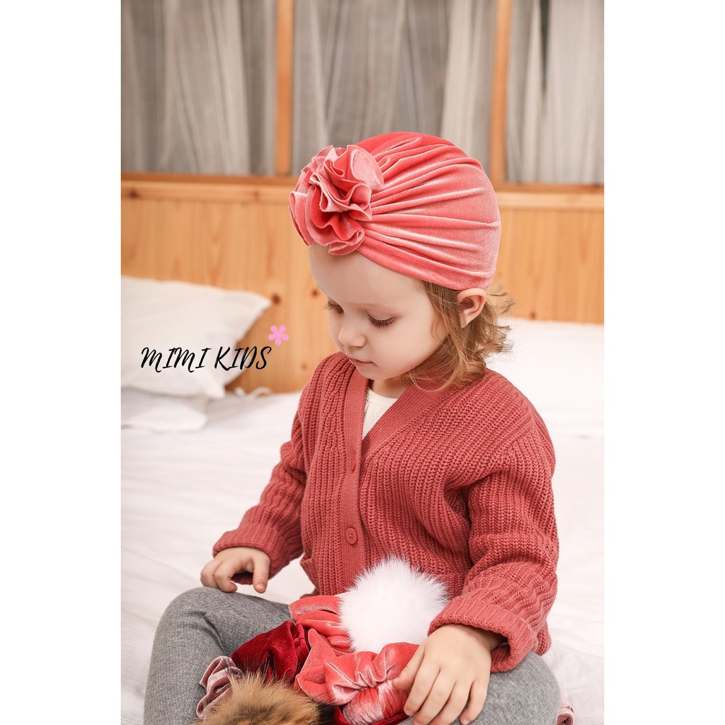 Mũ turban nhung dáng hoa xòe sang chảnh cho bé gái (7-15kg)