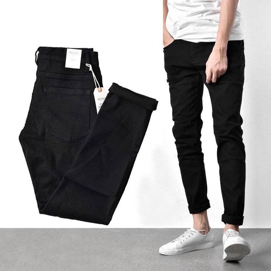 Quần jean nam đen Trơn + Rách gối - quần bò nam dáng Skinny - OMAN QJ012 | BigBuy360 - bigbuy360.vn