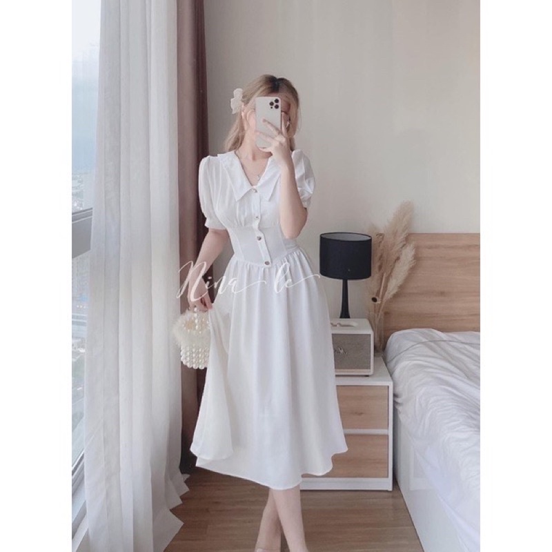 Vây xoè nữ , váy xoè cổ V tay bồng chiết eo | BigBuy360 - bigbuy360.vn