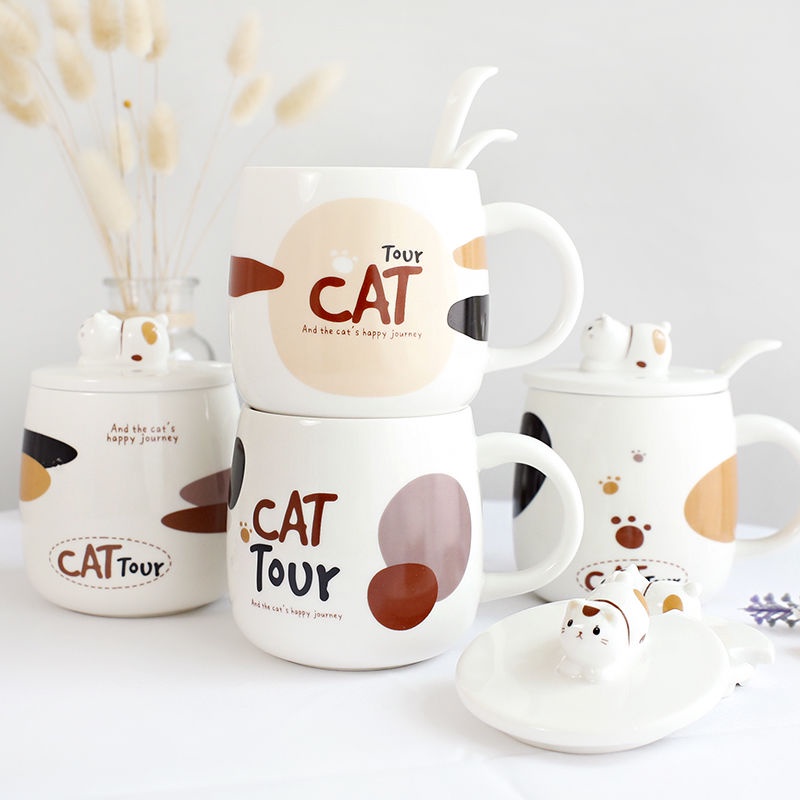 Ly sứ CAT TOUR - KHẮC TÊN THEO YÊU CẦU, cốc uống nước CÓ NẮP giữ nhiệt và THÌA, 400ml, HÔP QUÀ TẶNG in logo, in hình
