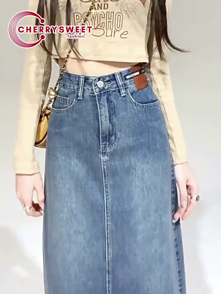 Chân váy jean dài xẻ sau CHERRYSWEET cạp cao dáng chữ a, màu xanh phong cách ulzzang thời trang Hàn Quốc dễ phối đồ T082 | BigBuy360 - bigbuy360.vn