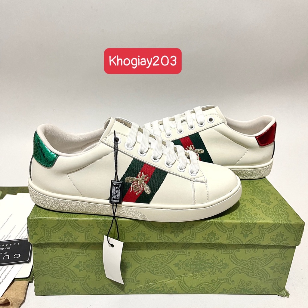 giày Gucci ACE ong vàng thêu trắng gót 2 màu đế thơm vani cao cấp