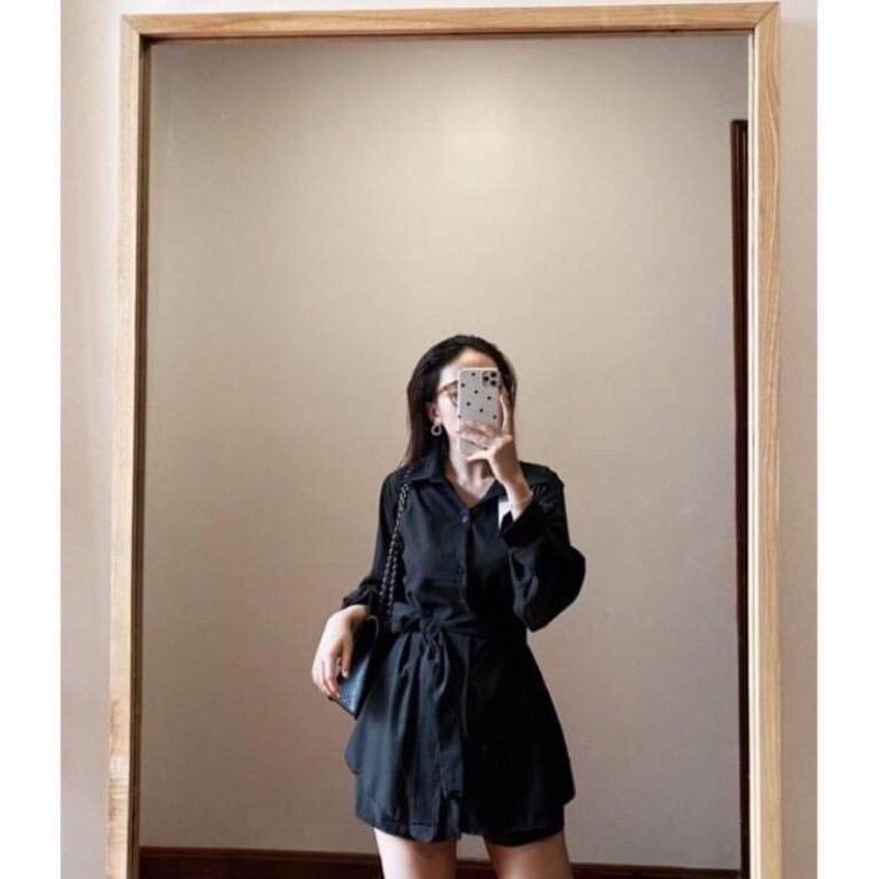 Sét áo sơ mi quần đùi lụa kèm đai buộc HSU1