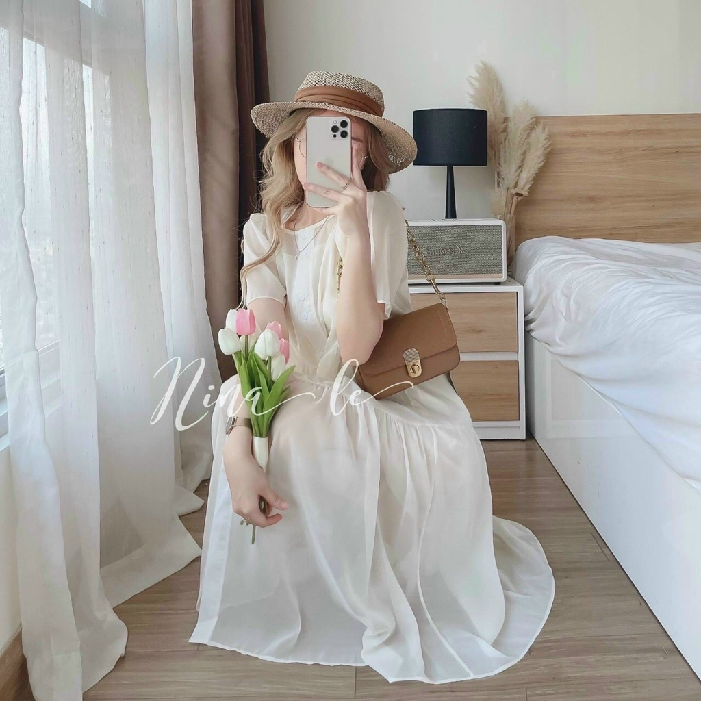 [8.8 Sales Freeship] Đầm tiểu thư, đầm voan maxi dáng dài cổ tròn đính nút, đầm babydoll xòe tay phồng đi biển xinh xắn