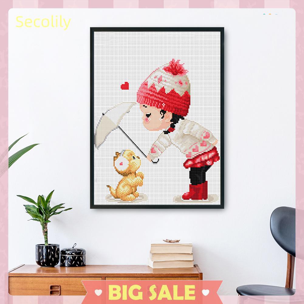 Tranh vải canvas thêu chữ thập hình bé gái và động vật dễ thương trang trí nhà ở 11Ct