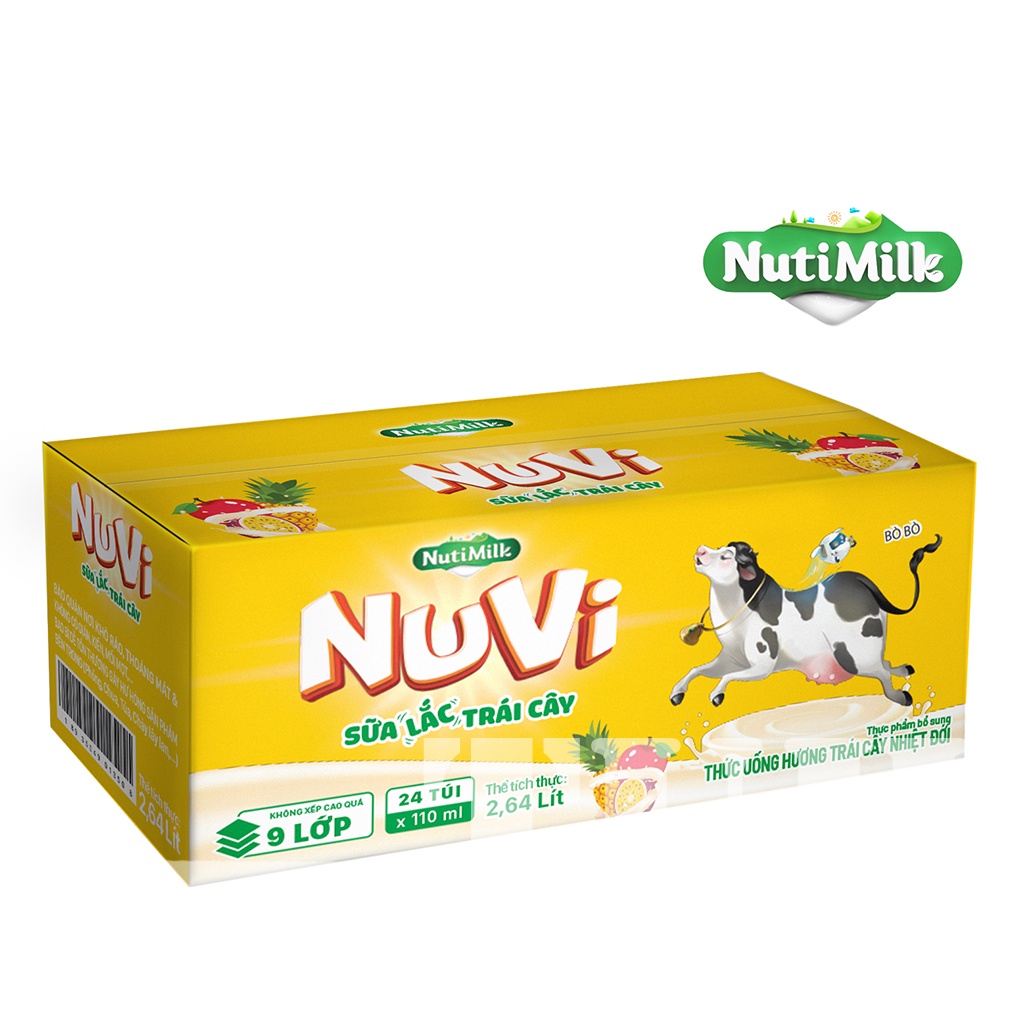 THÙNG 24 TÚI Sữa Nuvi 110ml Đào Táo/Dâu/Ca Cao/Cam/Trái Cây Giúp Bé Phát Triển Trí Não, Chiều Cao Cho Bé