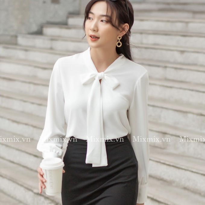 Áo sơ mi cột nơ màu trắng - MIXMIX - Hàng thiết kế - Hình chụp thật
