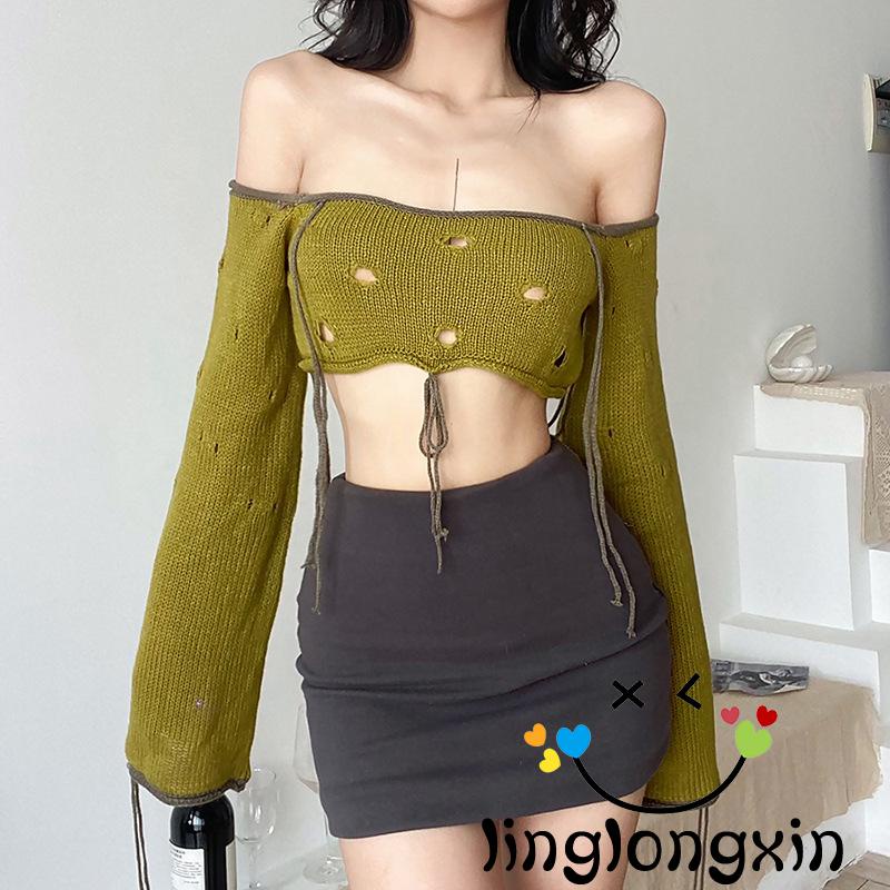 Áo Croptop Trễ Vai Tay Dài Phối Rách Màu Xanh Lá Cây Thời Trang Đường Phố Cho Nữ Linglongxi2