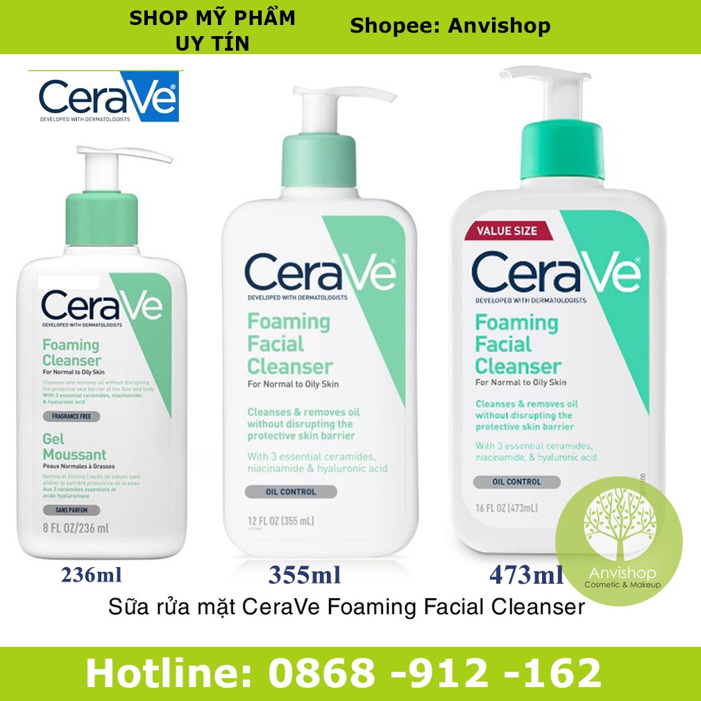 Sữa rửa mặt Cerave Foaming Facial Cleanser bản Mỹ (Pháp) ANVISHOP Cerave da dầu &amp; Da Khô các size 236ml - 355ml - 473ml