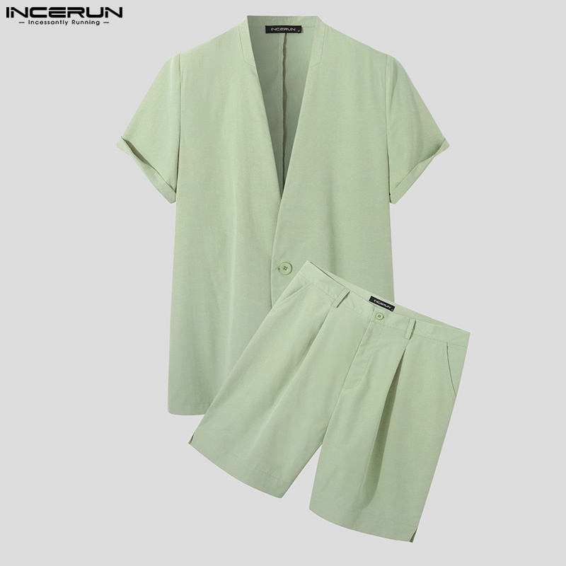 Set INCERUN gồm áo sơ mi ngắn tay + quần short màu trơn thời trang nam tính