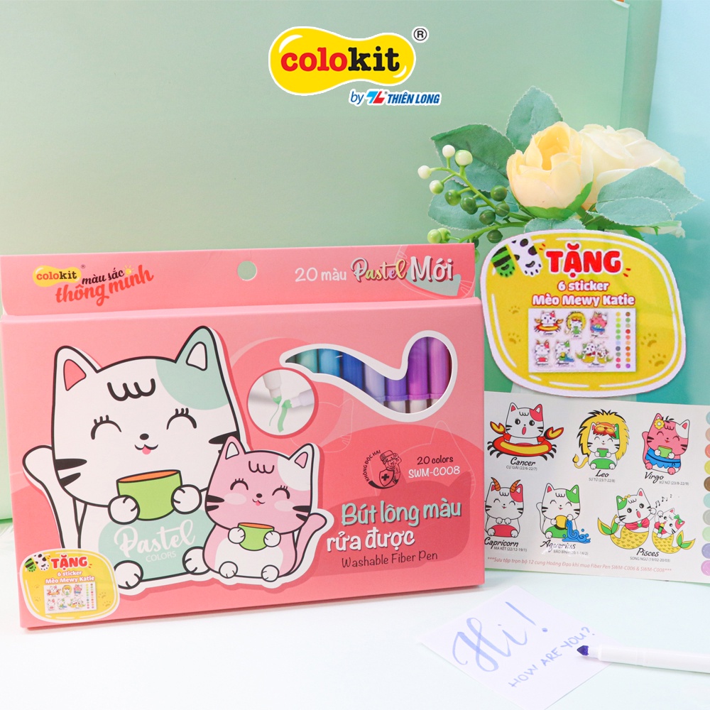 Bút lông 20 màu Pastel Washable Fiber Pen Thiên Long Colokit SWM-C008 - Bút lông màu rửa được - viết nét thanh nét đậm