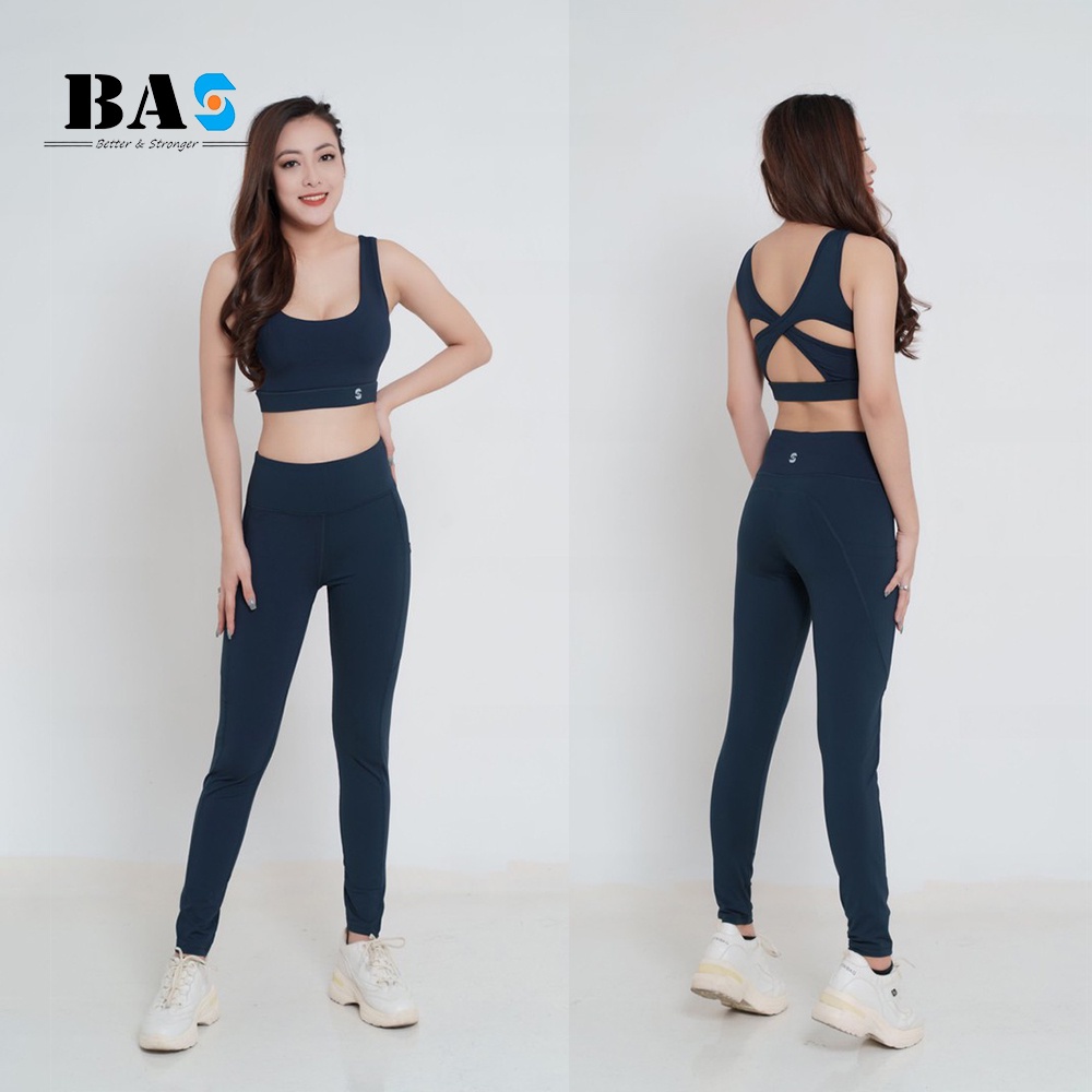 Bộ quần áo tập gym yoga aerobic BAS bra 2 dây chéo lưng trẻ trung phối legging lửng cạp cao - S40029