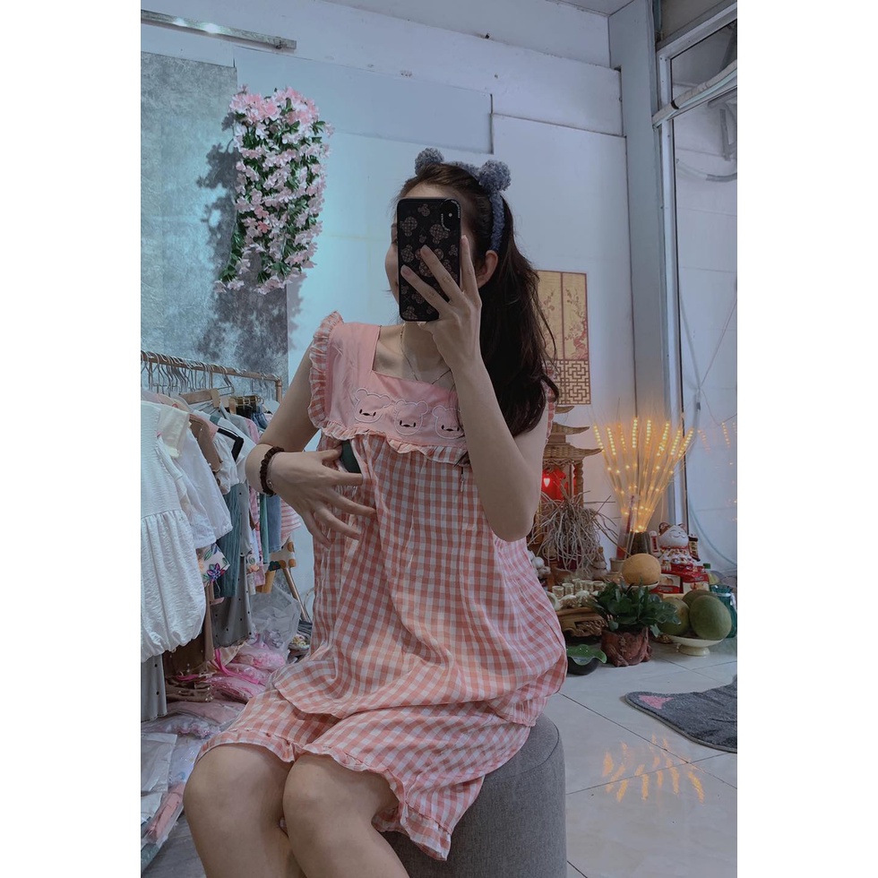 Bộ lửng bầu và cho con bú sau sinh mùa hè sát nách, bộ đồ kẻ thêu gấu