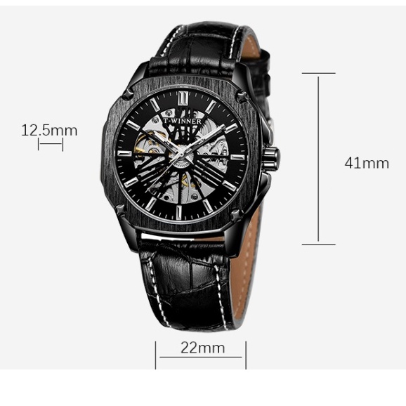 Đồng hồ nam T-Winner DM03 lộ máy dây da - đồng hồ nam máy cơ cao cấp