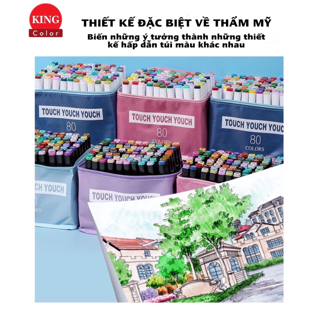 Bút màu dạ Marker Touch chuyên nghiệp kèm đế - túi vải cao cấp họa cụ tô màu vẽ tranh Bộ 30/36/48/60/80 màu đa dạng