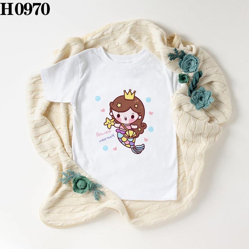 Áo Thun In Hoạt Hình Nàng Tiên Cá Dễ Thương Thời Trang Mùa Hè Cho Bé Gái
