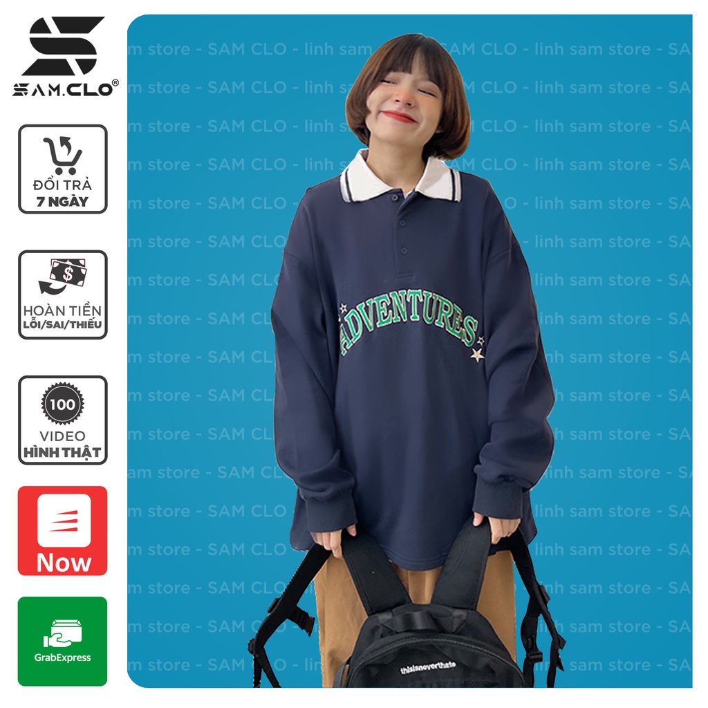 Áo thun TAY DÀI nữ cổ bẻ SAM CLO ULZZANG freesize phông form rộng dáng unisex mặc cặp, nhóm, lớp in chữ ADVENTURES