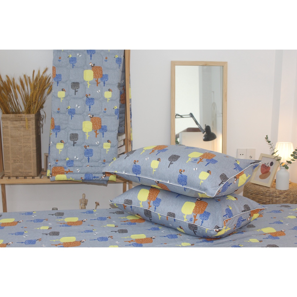 Bộ drap gối KHA LY - cotton thiên nhiên - Gardens-Xám - VN295