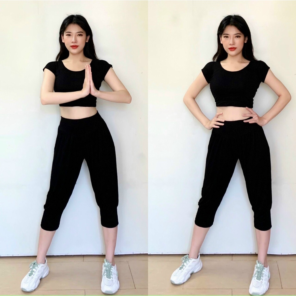 Bộ đồ tập Yoga Zumba Alibaba, quần áo thể thao áo croptop quần lửng cotton lạnh hàng cao cấp