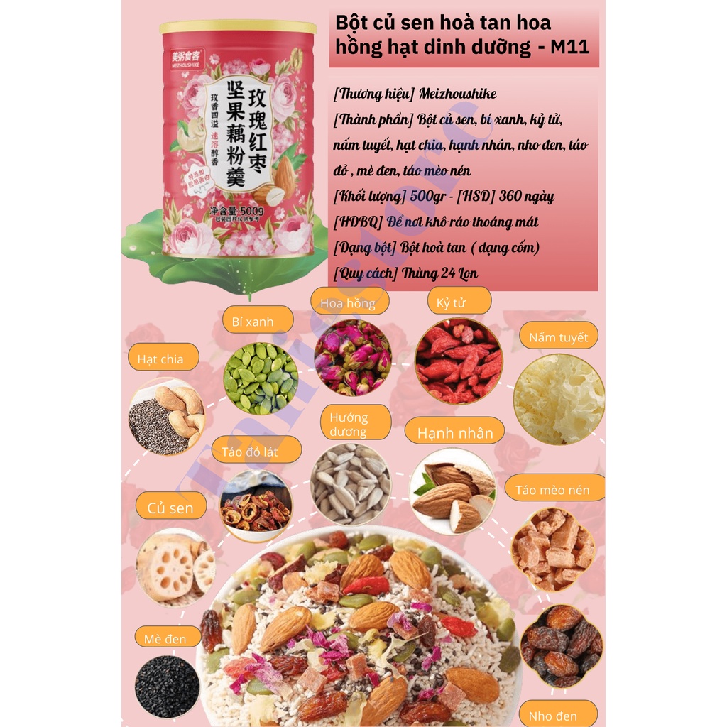 Bột củ sen hoa hồng mix hạt dinh dưỡng dưỡng nhan ăn kiêng Meizhoushike M11 hộp 500gr