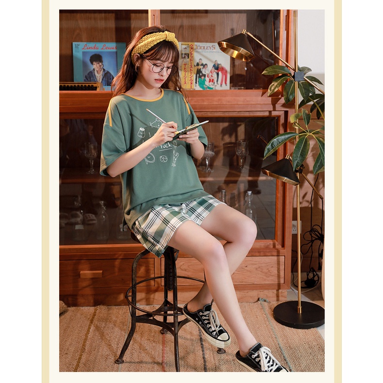 Bộ Mặc Nhà Nữ , Bộ Đồ Ngủ Cổ Tròn Cộc Tay Chất Cotton Mềm Thời Trang Xuân Hè Cao Cấp 2022