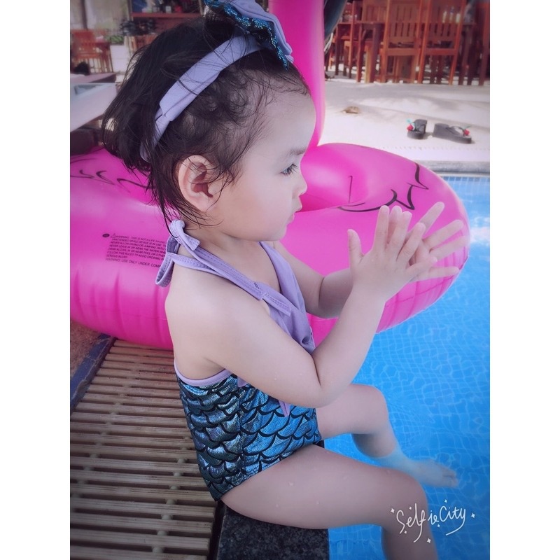 Bộ Đồ Bơi Kèm Băng Đô Thắt Nơ Dễ Thương Cho Bé Gái