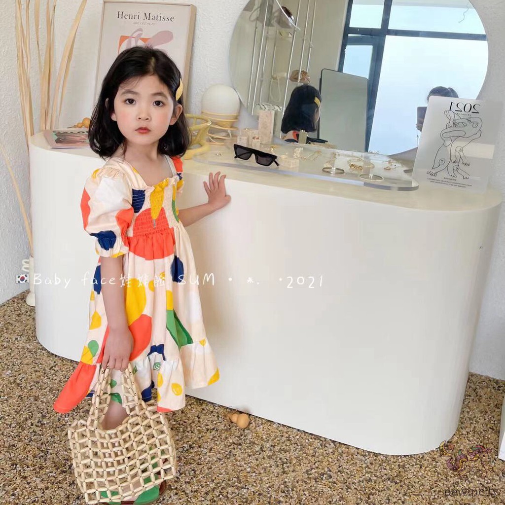 Đầm tay phồng cổ vuông in họa tiết thắt nơ phong cách Hàn Quốc thời trang dành cho bé gái