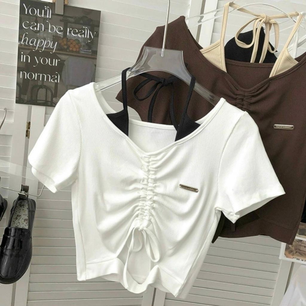 Áo croptop nữ ngắn tay cố giả yếm phối rút dây trước ngực Xquin, Áo kiểu nữ ôm body khoét eo cực sexy
