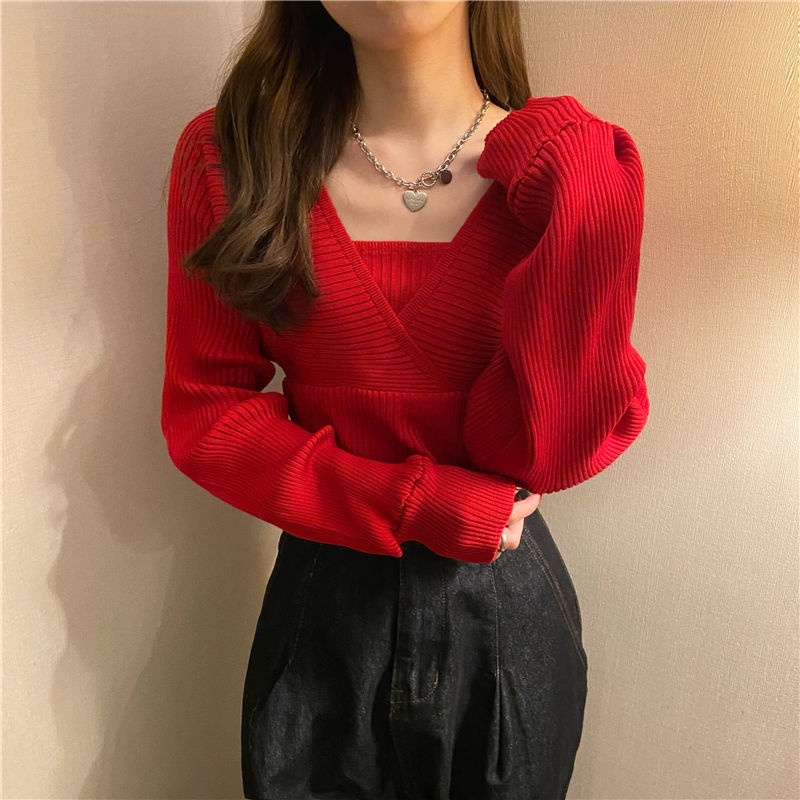 Áo sweater Dệt Kim Cổ Vuông Giả Hai Lớp Thời Trang Trẻ Trung Cho Nữ