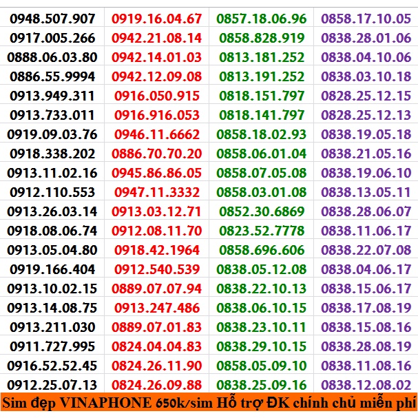 Sim Đẹp VINA ĐỒNG GIÁ 650k HỖ TRỢ ĐĂNG KÝ CHÍNH CHỦ MIỄN PHÍ ĐƯỢC HƯỞNG NHIỀU GÓI KHUYÊN MÃI CỦA MẠNG VINAPHONE
