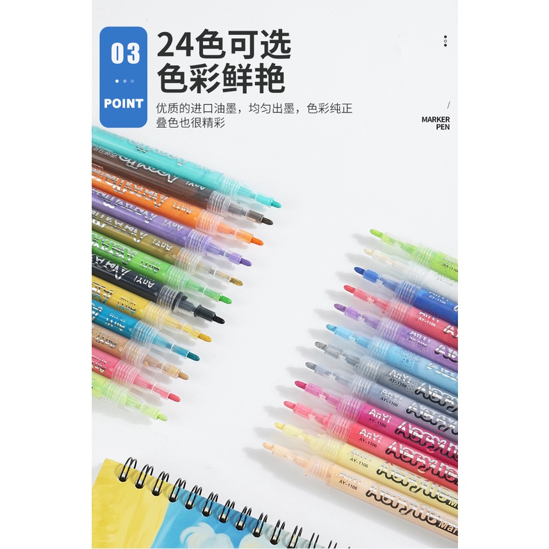 24 Color Acrylic Pen Marker Pen Office School Stationery Journal Diary Scrapbook Label Mark Decoration Pen