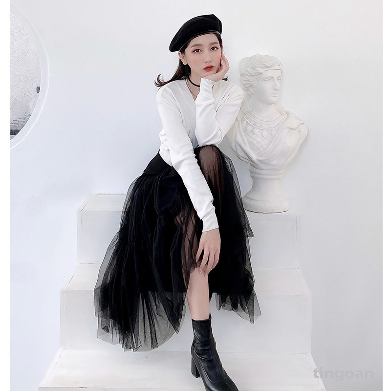 Chân váy dài 3 tầng phối lưới đen tingoan DAYDREAMING SWEETIE SKIRT/BL | BigBuy360 - bigbuy360.vn